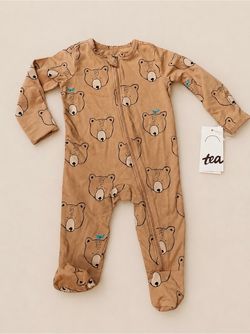NWT Tea Collection Tan Bear Print Footed One-Piece